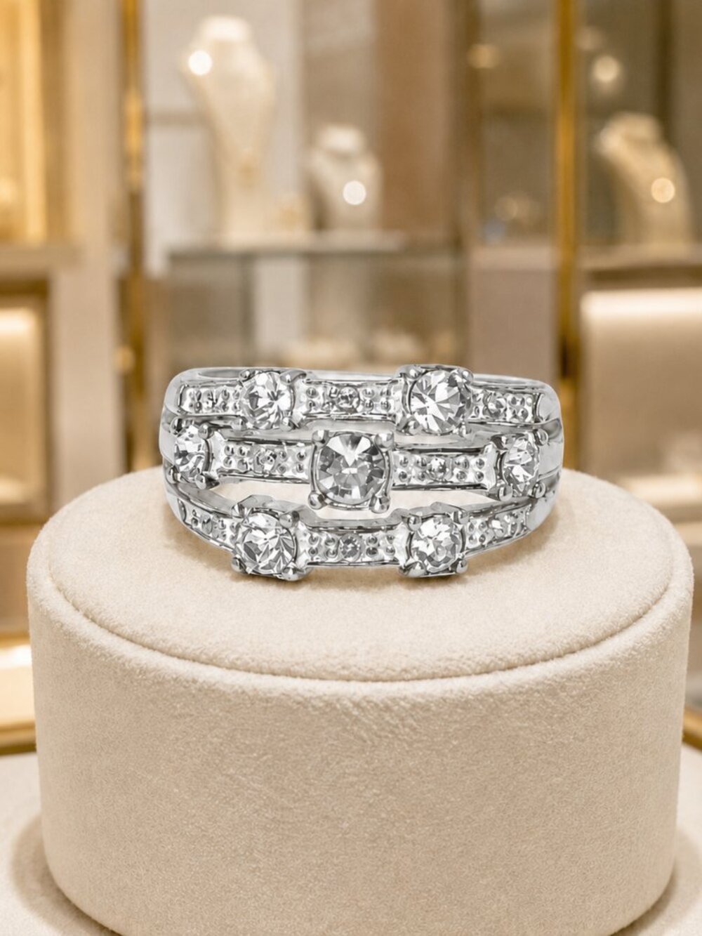 Multi-Band Clear Crystal Statement Ring R-7
